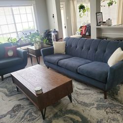 Navy Blue Rooms-To-Go Sofa & Chair Set with Apothecary Coffee Table & Side Table