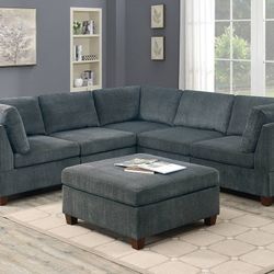 Brand New Grey Chenille 6pc Modular Sectional Sofa w Ottoman 
