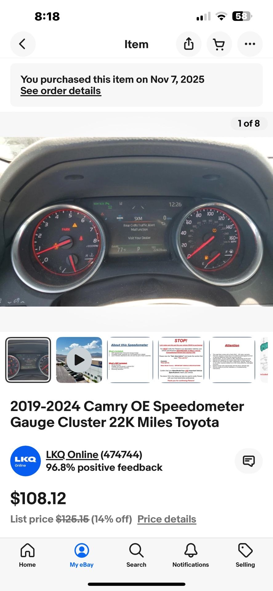 Used 2020 Toyota Camry XSE speedometer cluster with 33,000 miles