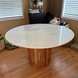 Brand New Modern Round Dining Table – Free Delivery ✅  Natural Wood Round Dining Table with White Marble Top – 51” Diameter