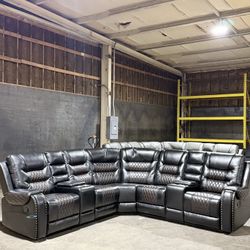 Modern-Retro Two-Tone Genuine Leather Reclining Sectional Sofa with Nailhead Trim, Deep Seating, Storage, and Cup Holders（Black) 💰2999$  🔥🔥🔥Second