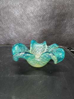 Mid-Century Murano Style Blown Art Glass Ruffled Catchall Bowl – Teal & Gold
