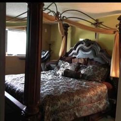 Cal king canopy bed frame mahogany wood