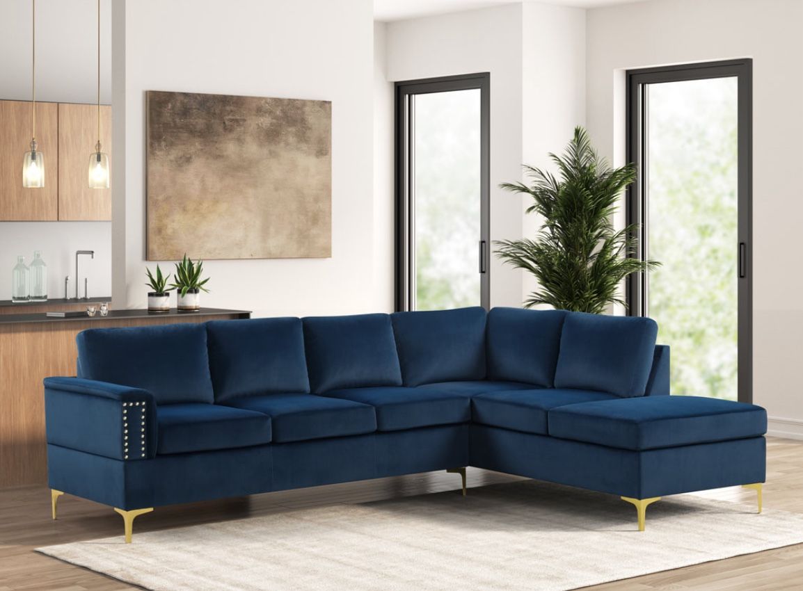 NEW NAVY BLUE VELVET SECTIONAL SOFA AND FREE DELIVERY