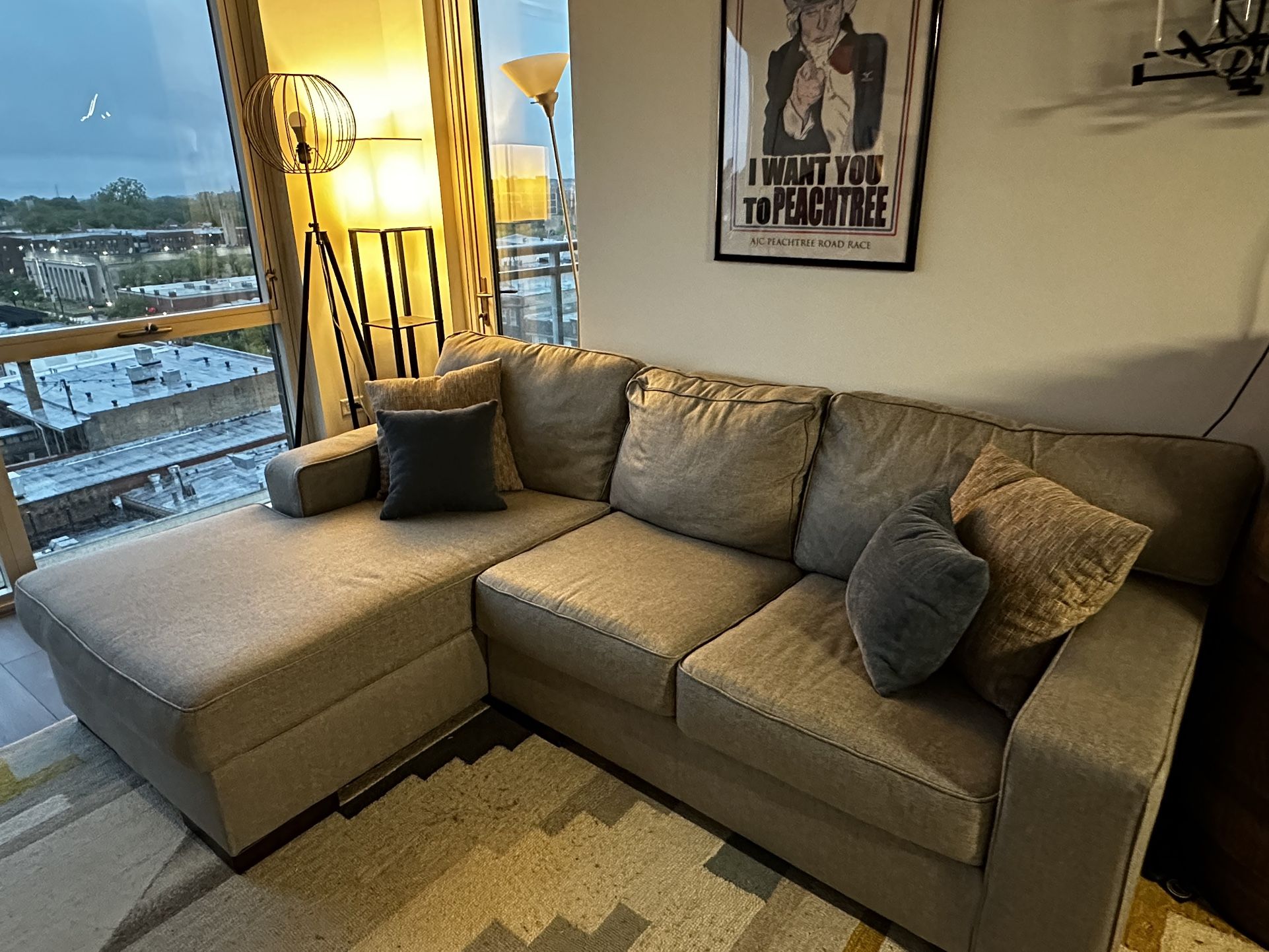 Sectional Couch, Grey, Herringbone Pattern, Minimal Use