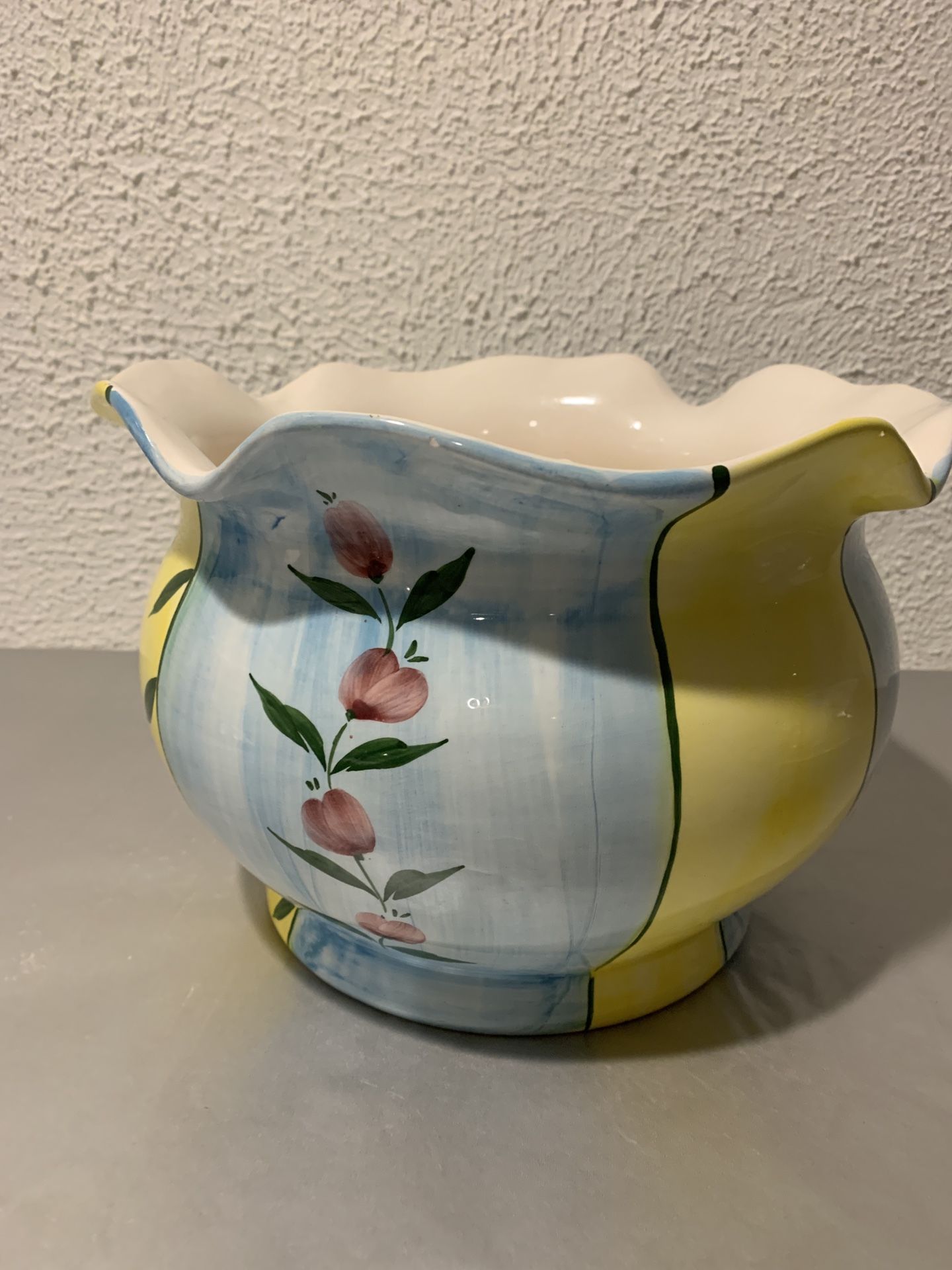 Large Beautiful Porcelain Painted Floral Vase 7” Tall And 10” Wide Beautiful spring colors , yellow , blue and beautiful purple flowers, local pick