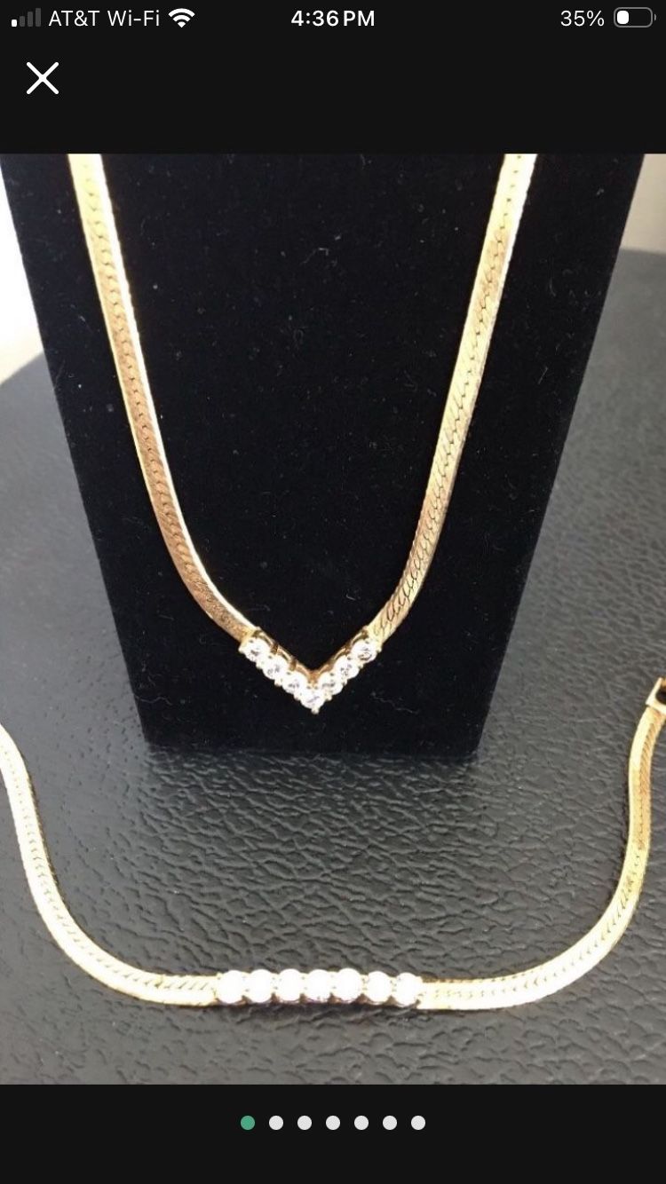 Gold Tone Herringbone CZ Necklace Bracelet 