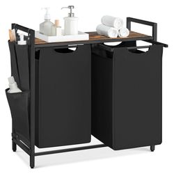 Laundry Hamper with Shelf, 2 Pull-Out Bags, 2 x 12.1 Gallons (46 L) Laundry Basket, Laundry Sorter 2 Section, Metal Frame, Cappuccino Beige and Natura