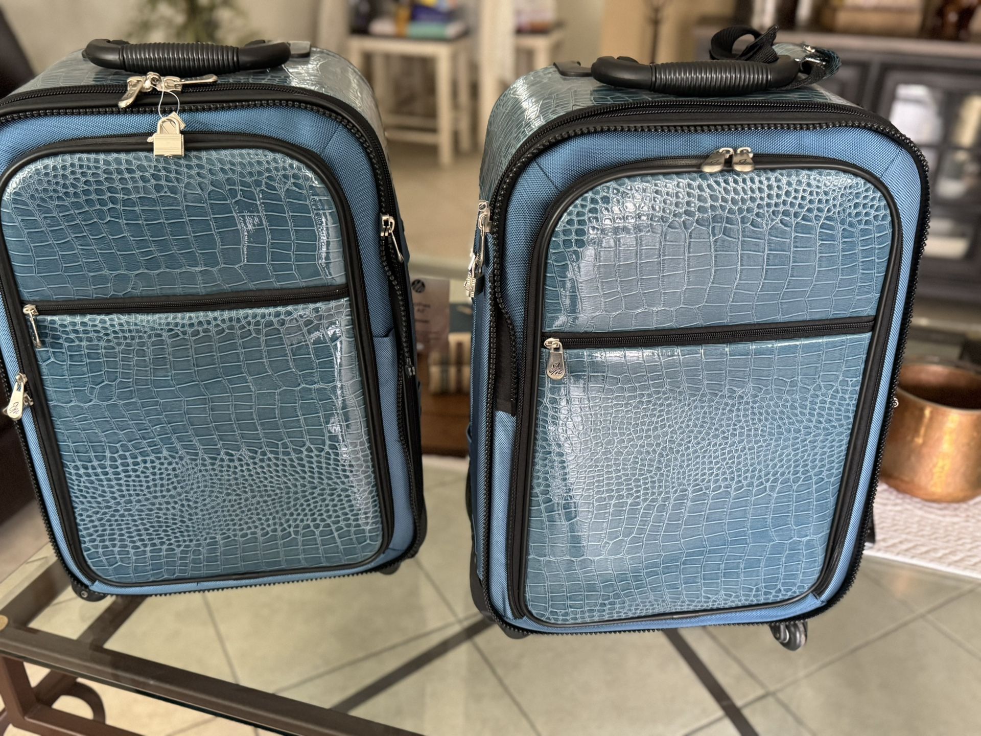 Set Of 3 - Joy Manzano Blue Faux Alligator Carryon Luggage and Briefcase