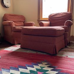 Set Of 2 Orange Chairs And Ottoman