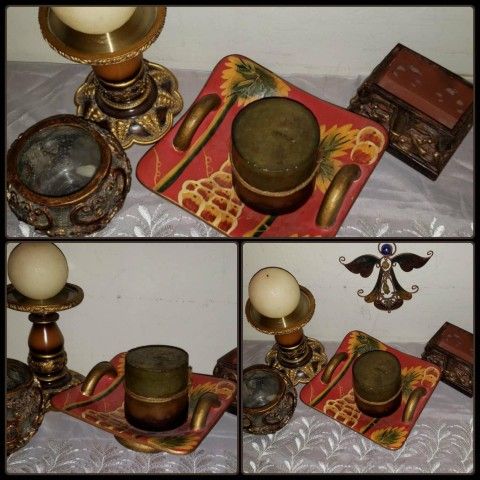 X7 HIGH QUALITY VINTAGE ORNATE GOLD BRONZE FILIGREE CANDLE PILLER HOLDER DISPLAY BOWL HAND PAINTED PLATE DECOR SET