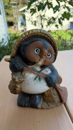 Vintage 1980s Japanese Shigaraki Tanuki Raccoon Dog Figurine 9.5" (Good Luck Charm)