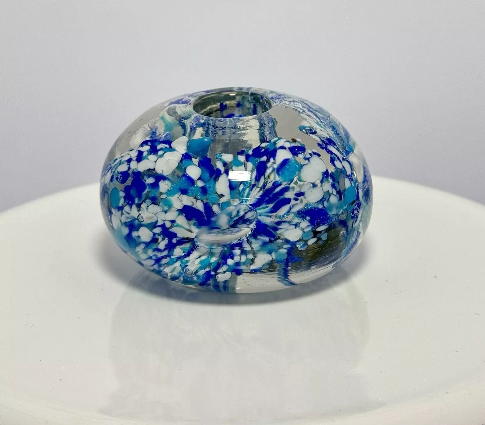 Art Glass Paperweight Blue White Swirl