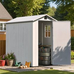 New 4 x 6 FT Resin Storage Shed with Floor, Outdoor Plastic Garden Shed with Lockable Door & Window, Easy Assembly Tool Shed for Backyard, Light Gray 