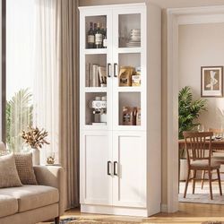 2263b $120  79.7" Tall Kitchen Pantry Storage Cabinet, Freestanding Kitchen Hutch Cabinet with Tempered Glass Doors, Modern Display Bookcase with Adju