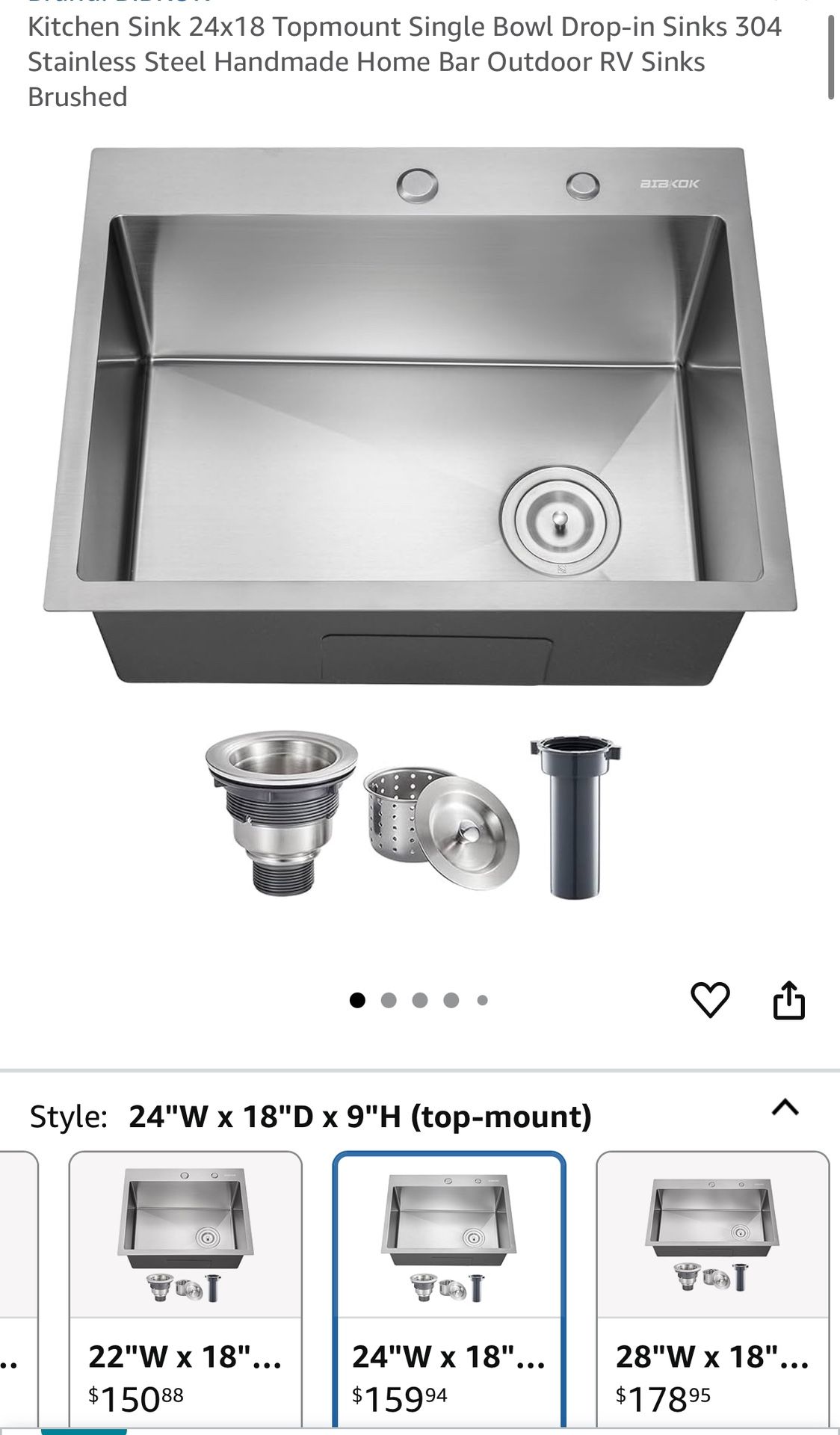 Kitchen Sink 24x18 Topmount Single Bowl Drop-in 