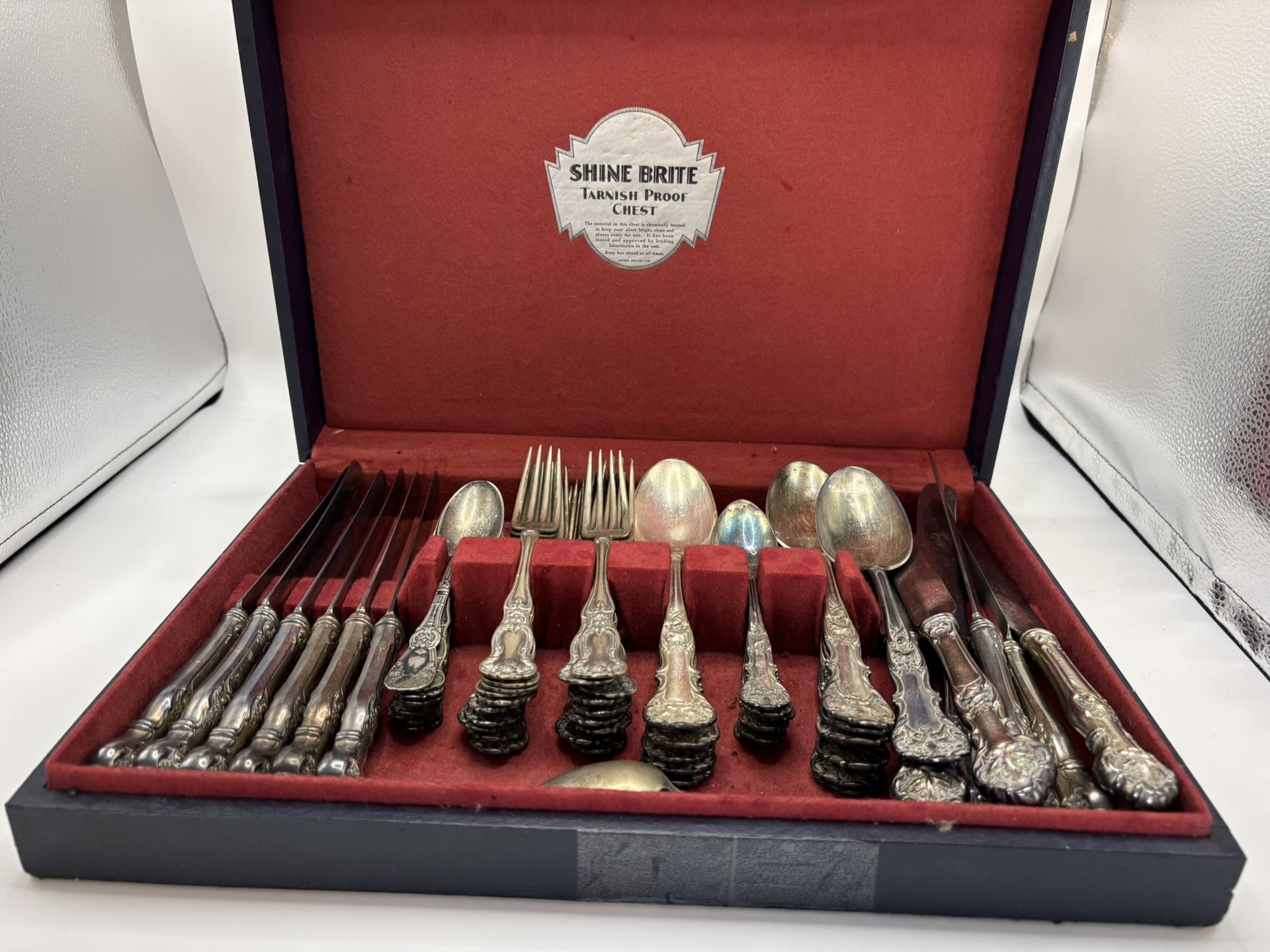 1847 Rogers Bros. Continental Pattern~XS Triple Set Of 59 Pcs W Shine Brite Box 12 butter knife 12 entree spoons 19 forks 15 small spoons 1 cheese