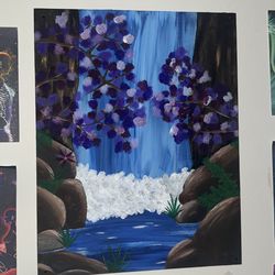 Waterfall with Purple Blossoms