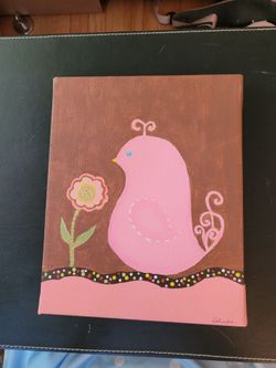 Original Signed Folk Art Pink Bird Painting 8x10 Canvas