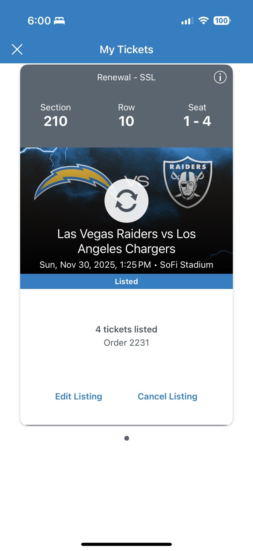 Raiders Vs Chargers 2 Or 4 Section 210 Aisle Seats