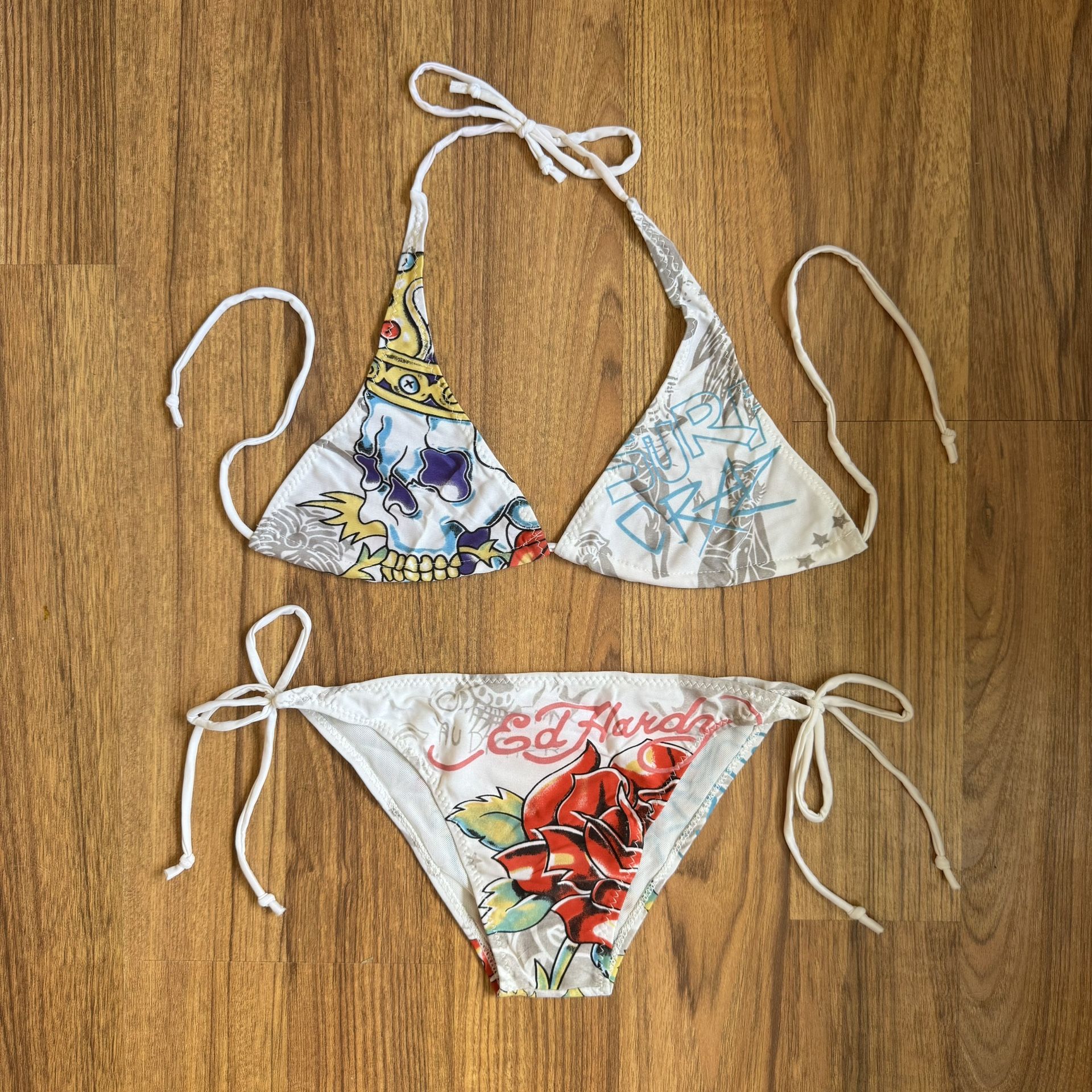 ED HARDY Vintage Y2K Rare White Surf Crazy Skull String Triangle Edgy Bikini Set