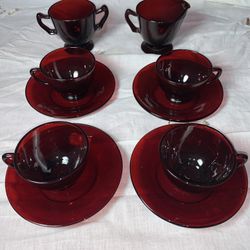 10pc. Anchor Hocking Royal Ruby Red Glass Cream-Sugar, Cup & Saucer Tea Set MCM