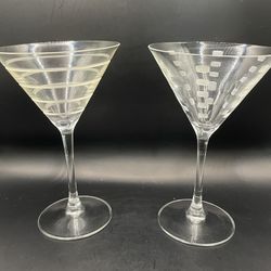 MCM Etched Martini Glasses Set of 2 Geometric Swirl & Block Atomic Stemware 8oz