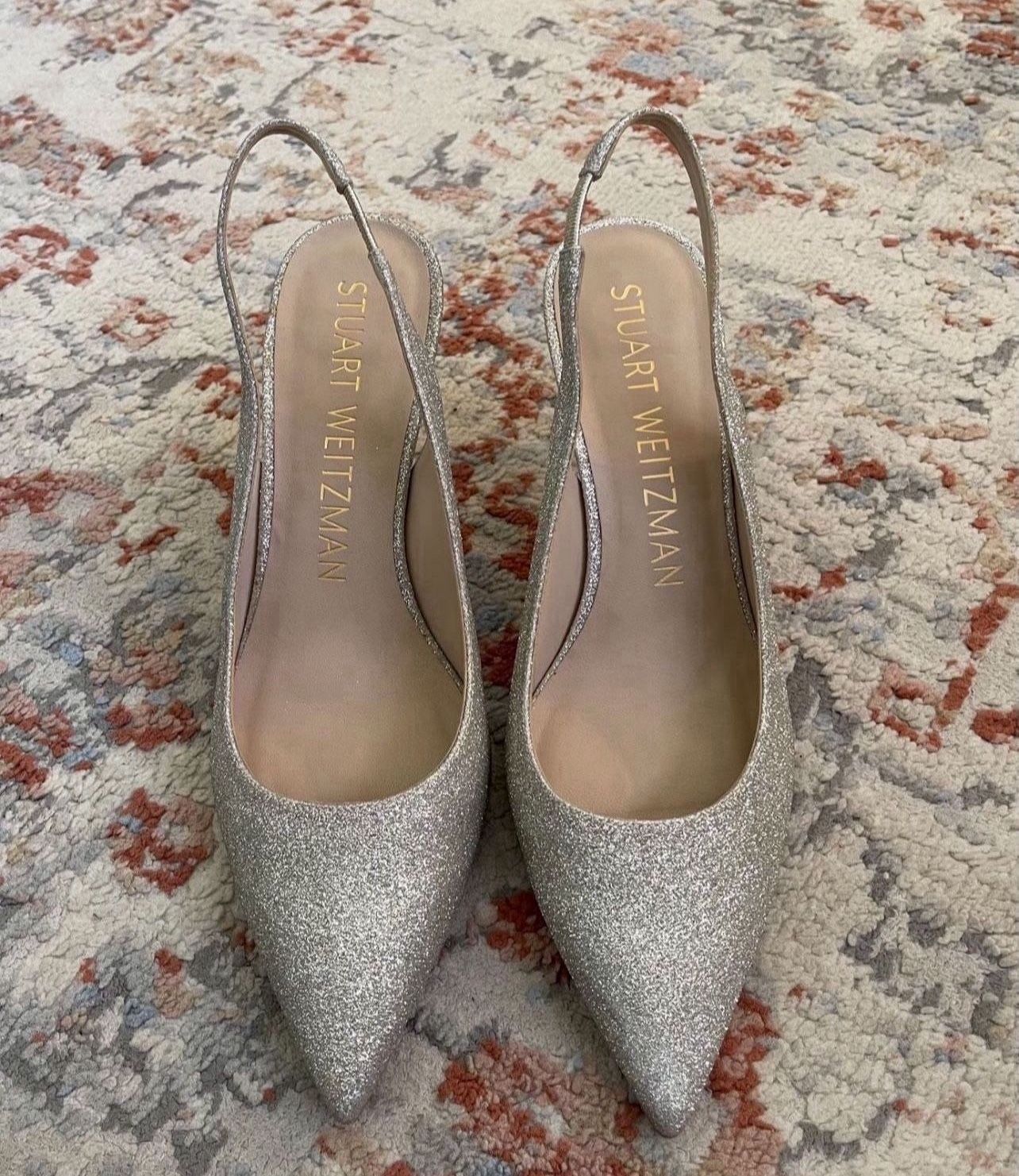 New Stuart Weitzman Linsi 75 Pointed Toe Glitter Slingback Pump Glitter Platino Size 7.5