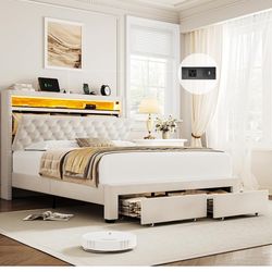 Queen Bed Frame w/ LED Lights Storage Headboard & Charging Station - Upholstered Platform Beige