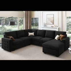 Black Velvet sectional  With Sleeper Couch Brand New 
