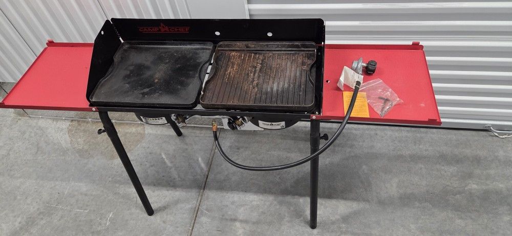 Camp Chef Explorer 2 Burner Camping Stove W/ Grill/Griddle Plates, Side Shelves, Carrying Bag