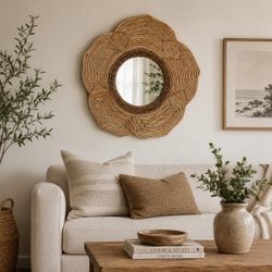 Rattan Woven Hanging Wall Mirror Boho Natural Floral Flower Mount Decor Large
