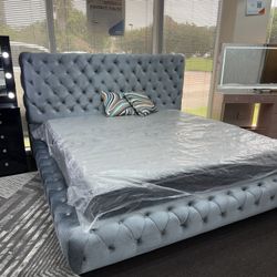 New King Size Grey Bed- Mattress & Bed Frame