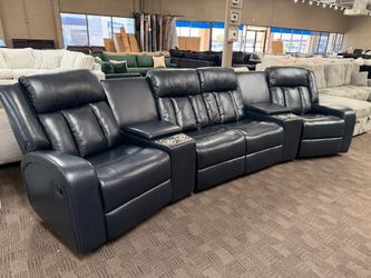 Navy Blue Leather Reclining Sectional Sofa