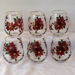 NEW Stemless Wine Glasses Christmas Poinsettia Hand Painted W/Gold Rim SET 6