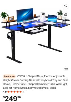 VEVOR L Shaped Desk, Electric Adjustable Height Corner Gaming Desk with Keyboard Tray and Dual Hooks, Heavy Duty L-Shaped Computer Table with Light St