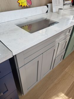 36‑inch gray Shaker‑style bathroom vanity
