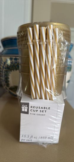 Reusable Five Count Cup Set, Straws, Gold Color