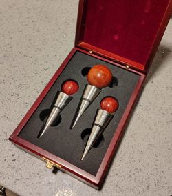 3-Piece Wood & Stainless Steel Wine Bottle Stopper Set, Cherry Display Box