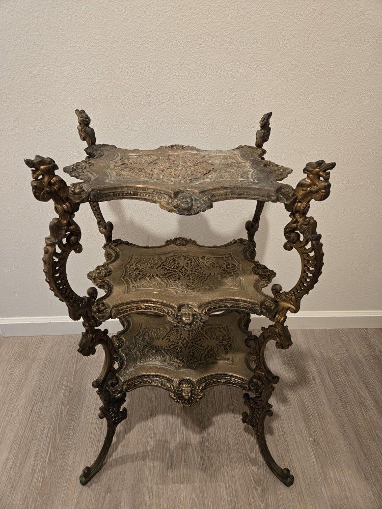 RARE Antique Victorian Cast Iron Brass Bronze Side Table Dragons Northwind Faces