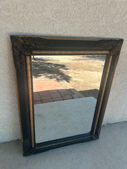 Vintage Hollywood Regency Black & Gold Wall Mirror - Palm Leaf Detail