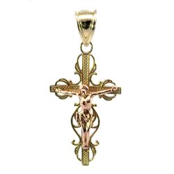 Woman’s Ladies 10k Two Toned Rose Yellow Gold 1.25” Inch Filigree Cross Crucifix Pendant For Necklace GP3125896