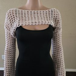 Cream Open-Knit Crochet Shrug Bolero Sleeves