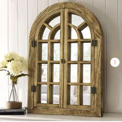 24 in. W x 36 in. H Farmhouse Arched Brown Wood Framed Windowpane Wall Mirror