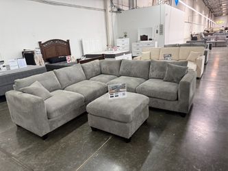 Gray Corduroy Sectional Sofa with Ottoman