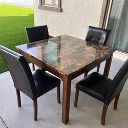 Faux Marble Dining Table with Brown Tufted Leather Chairs (2 Matching Bar Stools Included)
