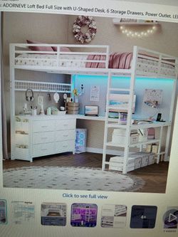 White Full Size Loft Bed w/U Shaped Desk