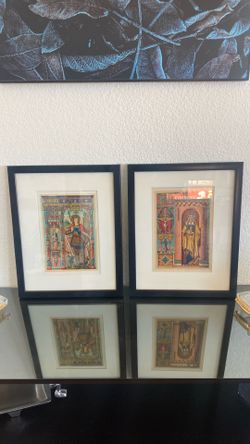 A Pair of c1890 chromolithographs framed with certificate of authenticity religious catholic prints Santa Barbara Saint George