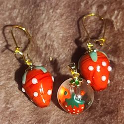 Red Strawberries Murano Glass Earrings And Pendant 