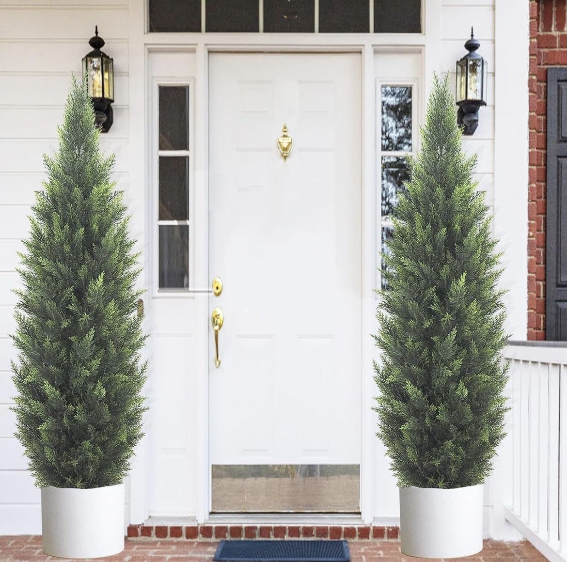5FT Artificial Cedar Topiary Tree Lifelike Faux Cedar Pines Christmas Trees UV Rated Faux Shrubs Everygreen Plants for Front Porch Outdoor Decor Set o